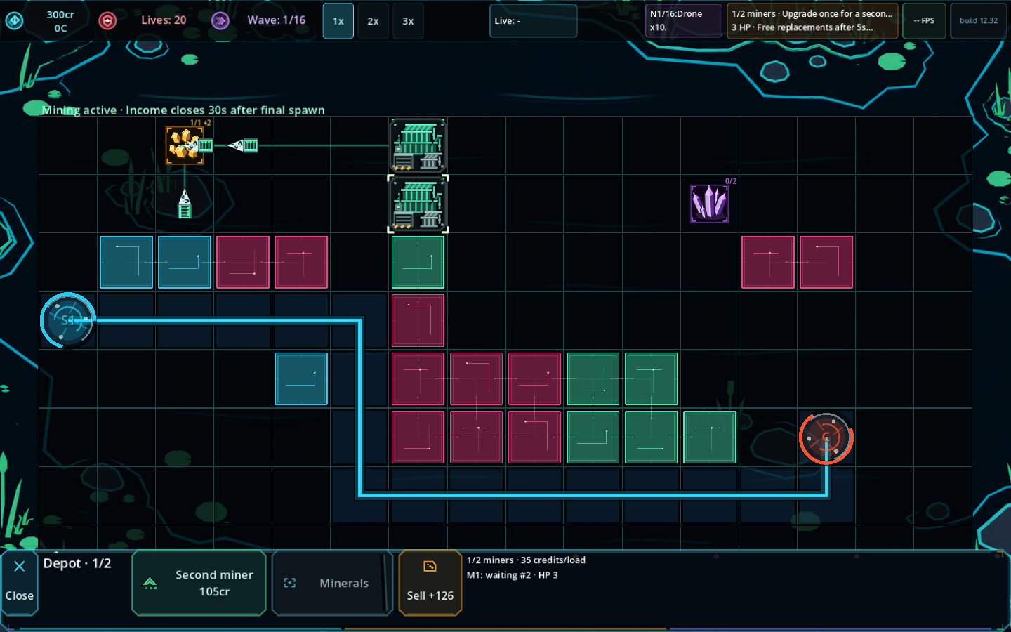 Current game showing Mining Depots, gold mineral fragments, violet crystal deposits, and miners queued along their supply routes